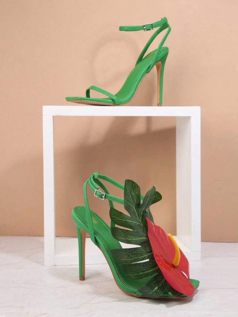 Green Tropical Leaf Stiletto Sandals with Ankle Strap